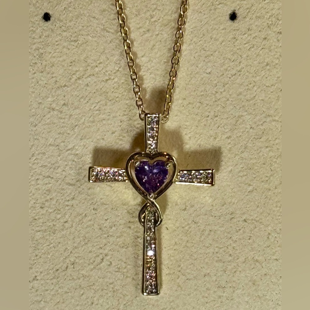 Cross W/ Purple Crystal Heart 14k Gold overlay Neck Made W/ Swarovski Crystals
